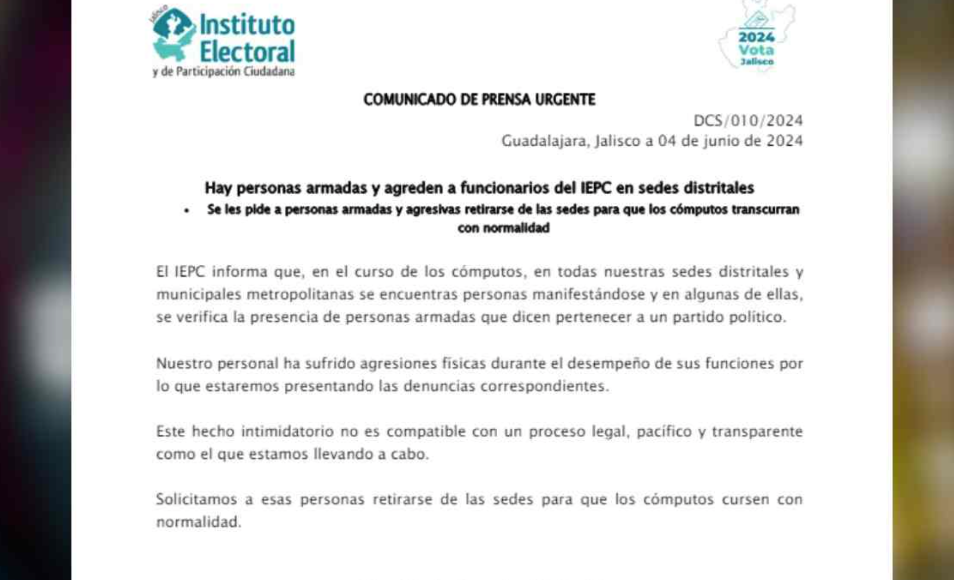 Instituto de Jalisco alerta sobre agresiones en sus sedes por cómputos distritales